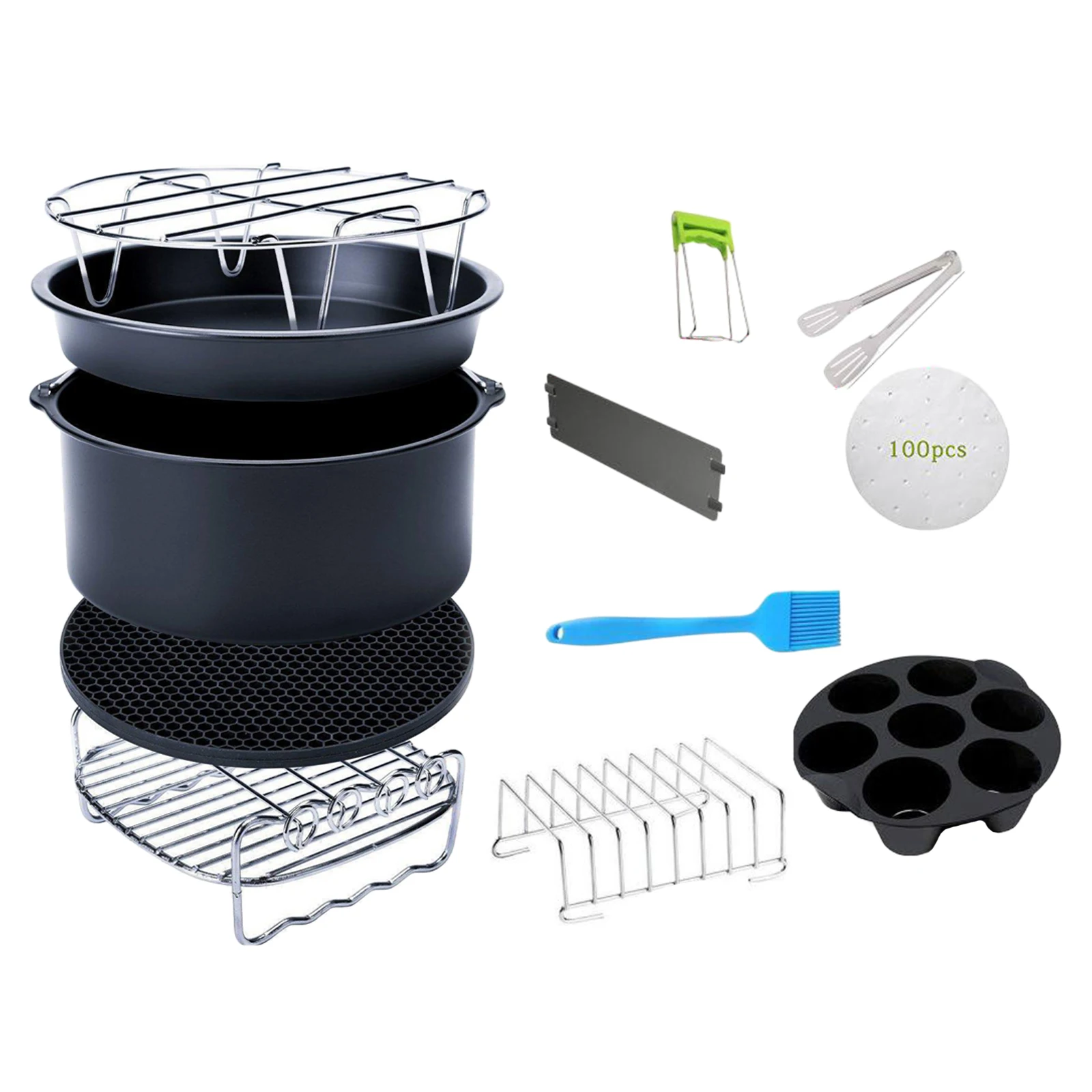 12pcs/set 20cm Air Fryer Accs Kits 4.2QT-6.8QT Deep Fryer Pizza Pan Baking Pan Silicone Mat Plate Gripper