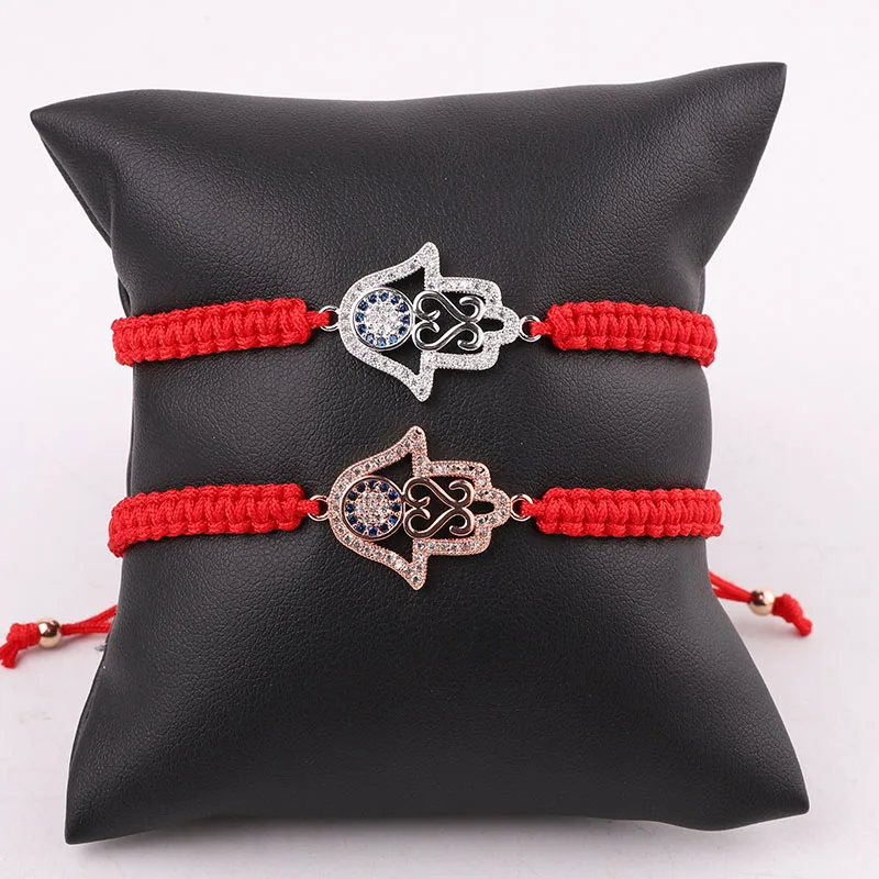High Quality New Fashion Jewelry CZ Pave Hand Friendship Red Rope Macrame Lucky Bracelet Women Men