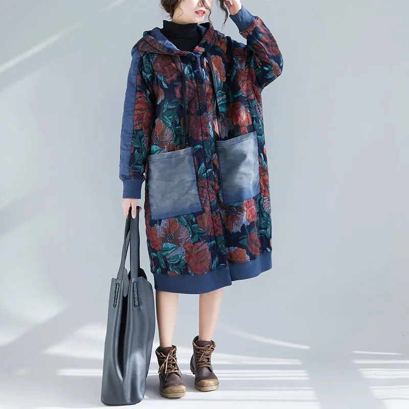 

New Spring Autumn Women Trench Plus Size Fashion Make Old Coat Warm Ethnic Print Hooded Thicken Trench Coat For Female Outerwear