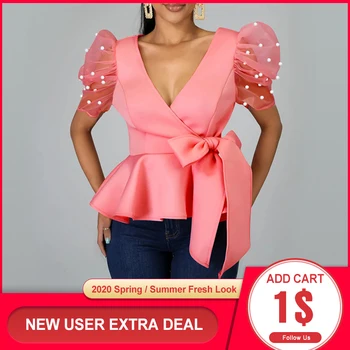 

Beading Puff Sleeve Pink Bloues Tops Summer African 2020 Sexy Party Dinner Club Tops Femme High Waist Lace Up Lady Shirts