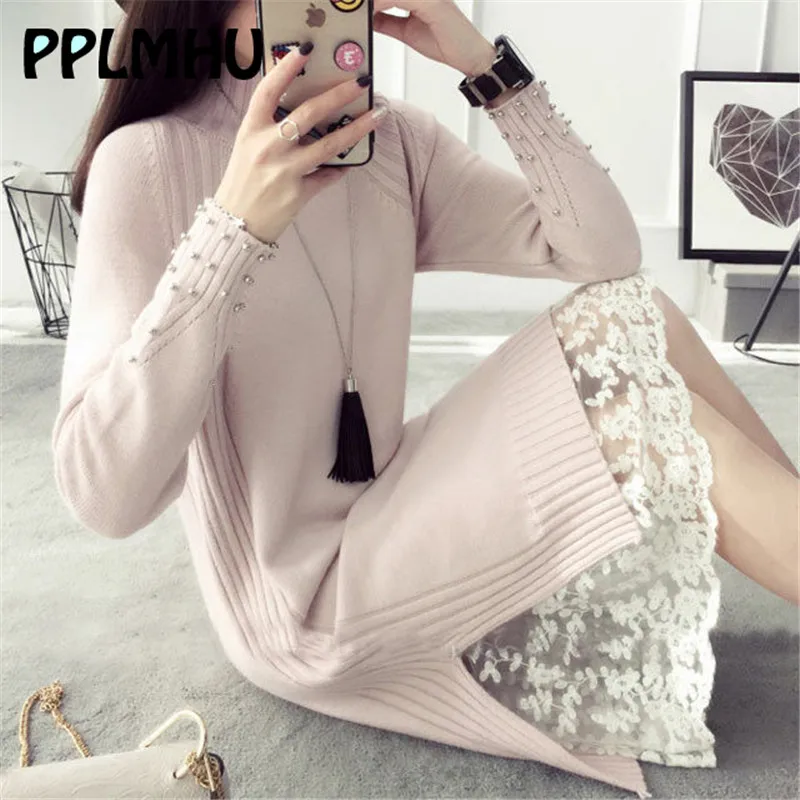 

Winter Plus Size 2XL Lace Dress Women Maxi Knitting Long Turtleneck Basic Dress Autumn Warm Long Sleeve Sweater