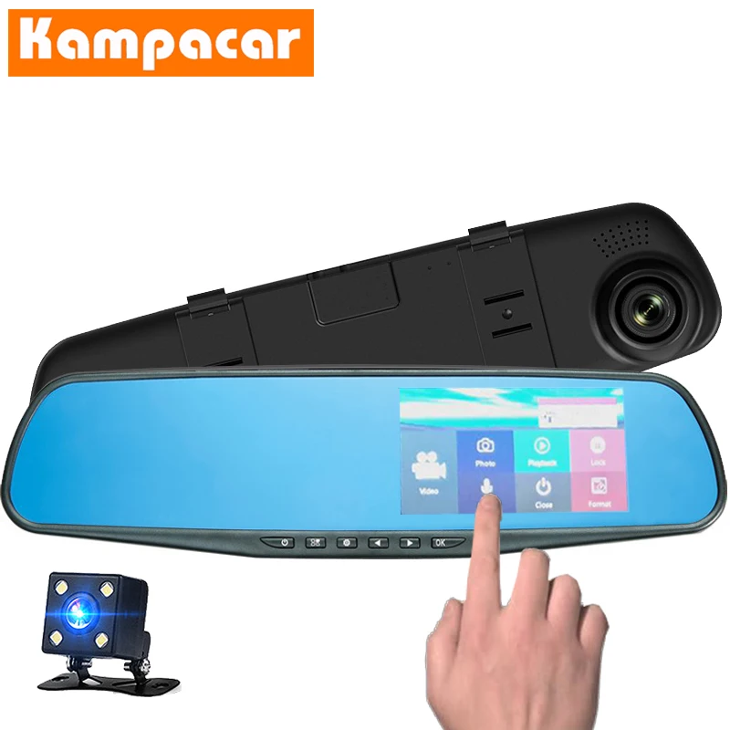 

Kampacar 4.3 Inch Rearview Mirror DVR Dash Cameras Touch Video Recorder Dual Lens Car Dvrs HD 1080P Front / Rear Two Camera Lens