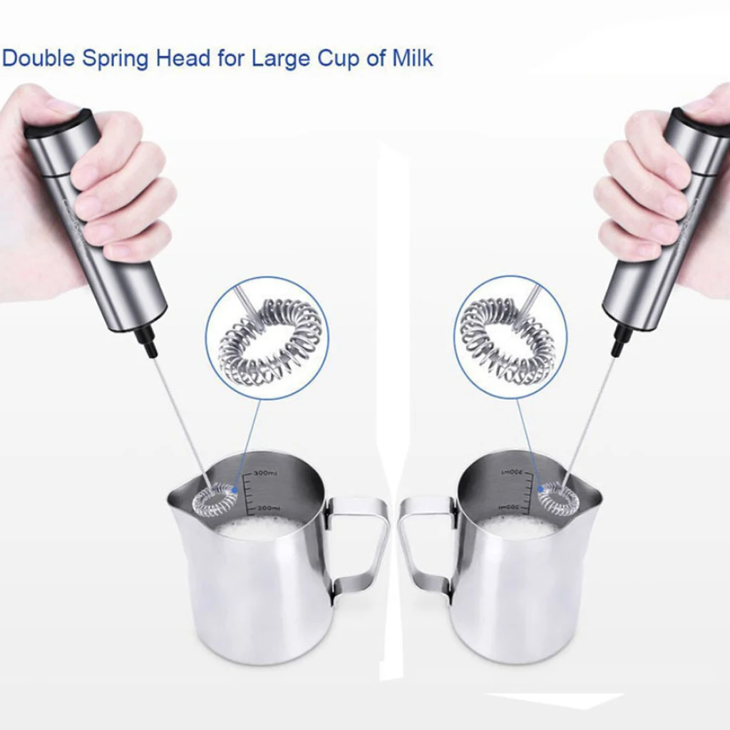 Electric Milk Frother Kitchen Hand Coffee Milk Foamer Stainless steel- Two Spring Whisk Heads