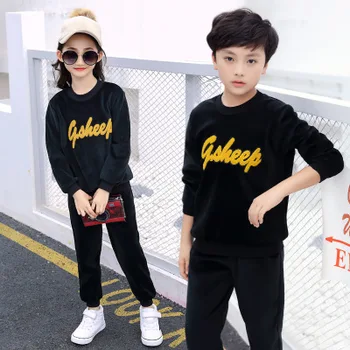 

New boys and girls baby autumn and winter new suit gold mini trend fashion round neck printed letters outerwear + pants