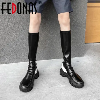 

FEDONAS Sexy Genuine Leather Knee High Boots Platform Comfortable Chunky Heels Pumps 2020 Winter Female Night Club Shoes Woman