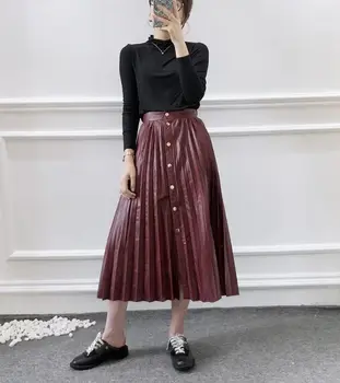 

HCBLESS 2019 Autumn Women's wine red high waist buckle PU leather skirt temperament pleated skirt