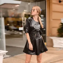 Женские вечерние платья трапециевидной формы из искусственной кожи, женские платья с коротким рукавом и круглым вырезом на поясе, модные однотонные новые весенние уличные винтажные сексуальные мини-платья