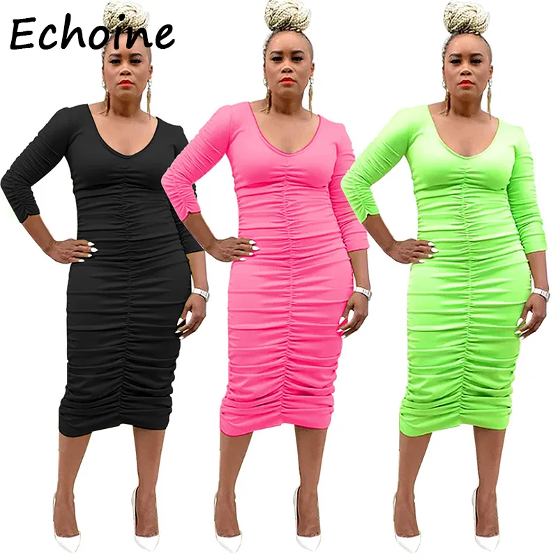 

Sexy Autumn Fold Long Dress Deep V-neck Long Sleeve Slinky Bodycon Dress Women Party Night Cloths Solid 3 Color Vestidos