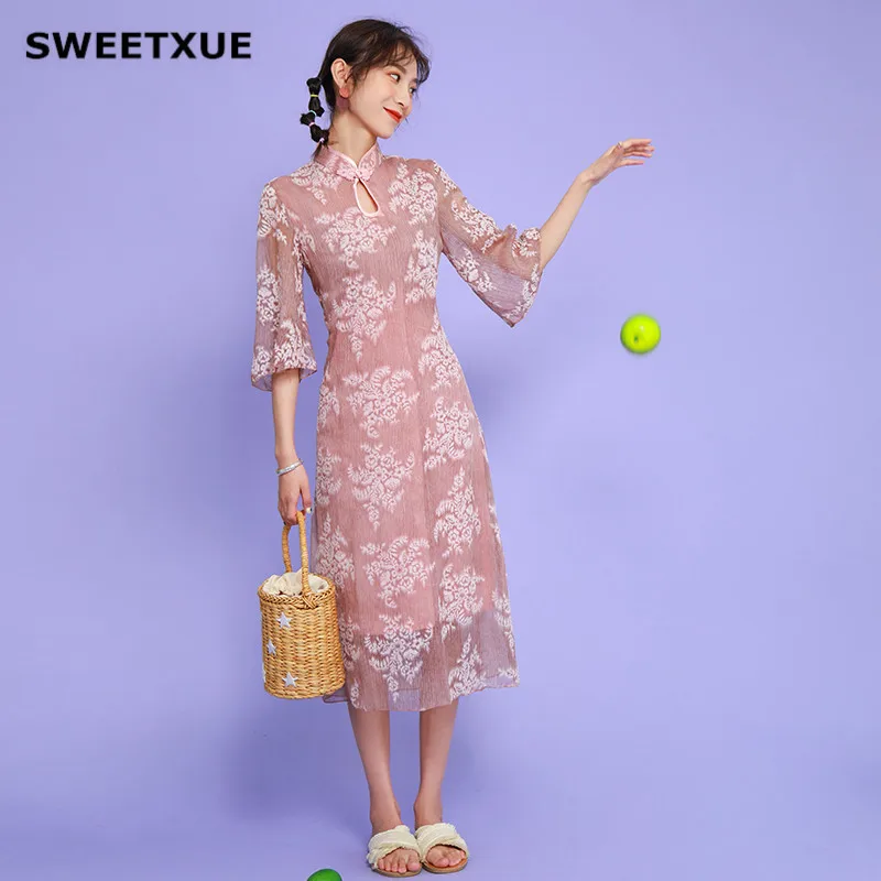 

SWEETXUE Cute Girl Loose Dress New Summer And Autumn Women Elegant Flower Print Perspective Half Sleeve Stand Collar Party Dress