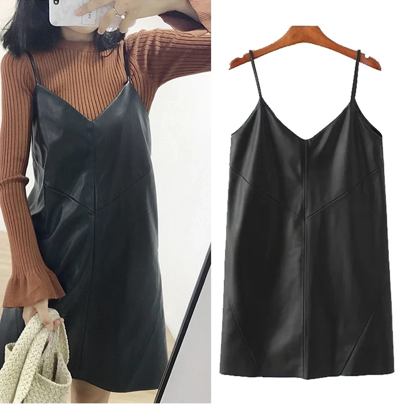 Fall 2021 New Women's Leather Dress Korean Fashion Sweet  V-neck PU Leather Dresses Female Black Spaghetti Strap Vestidos Mujer