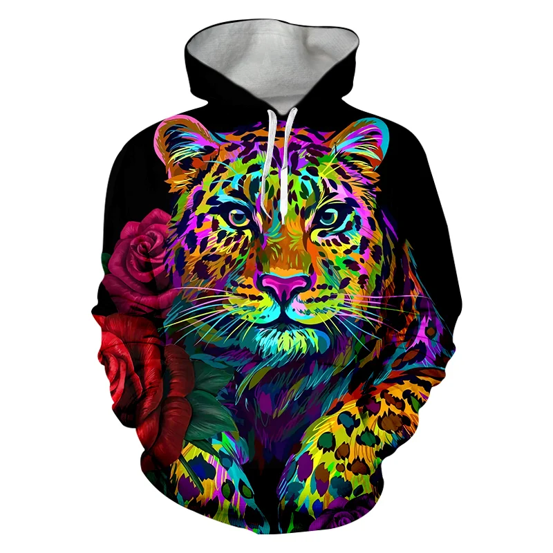 Rose Leopard Colorful 3D Print Hoodie Man Female Pullover Sweatshirt Hooded Jacket Jersey Tracksuits 2021 New Casual Hoodie Men