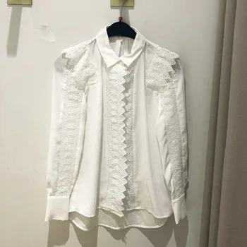 

Women Shirt 2019 Autumn and Winter New Elegant Lapel Long Sleeve Lace Panel Women's Shirt