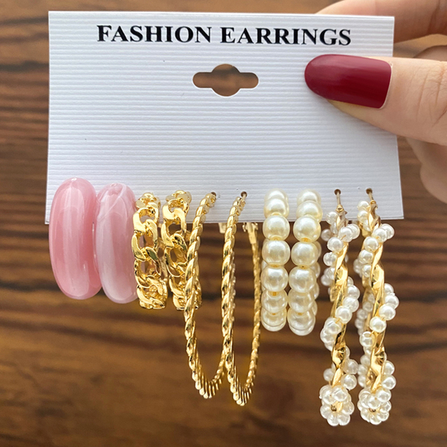 Bohemian Colorful Resin Acrylic Hoop Earrings Set For Women Trendy Gold Color Pearl Hoop Earrings Brincos Party Jewelry