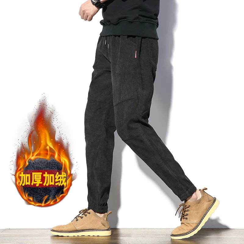 

Autumn And Winter Corduroy Drawstring Cool Labeling Trousers Pure Cotton Corduroy plus Velvet Beam Leg Trousers Harem Skinny Pan