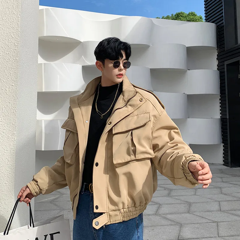 

Winter Jacket Men Warm Fashion Thick Parka Men Solid Color Casual Large Pocket Tooling Jacket Wild Loose Cotton Collar Coat