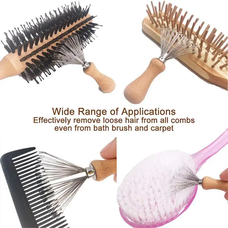 CMUYKIBU Lot de 2 nettoyeurs de brosse à cheveux,outil de nettoyage de  peigne,peigne de nettoyage de brosse à cheveux,avec manche en bois de  râteau en fil métallique pour la maison et le