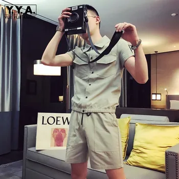 

Summer Work Drawstring Elastic Waist Shorts Set Men Fashion 2020 Single Breasted Slim Short Sleeve Shirts Tops Two Piece Set