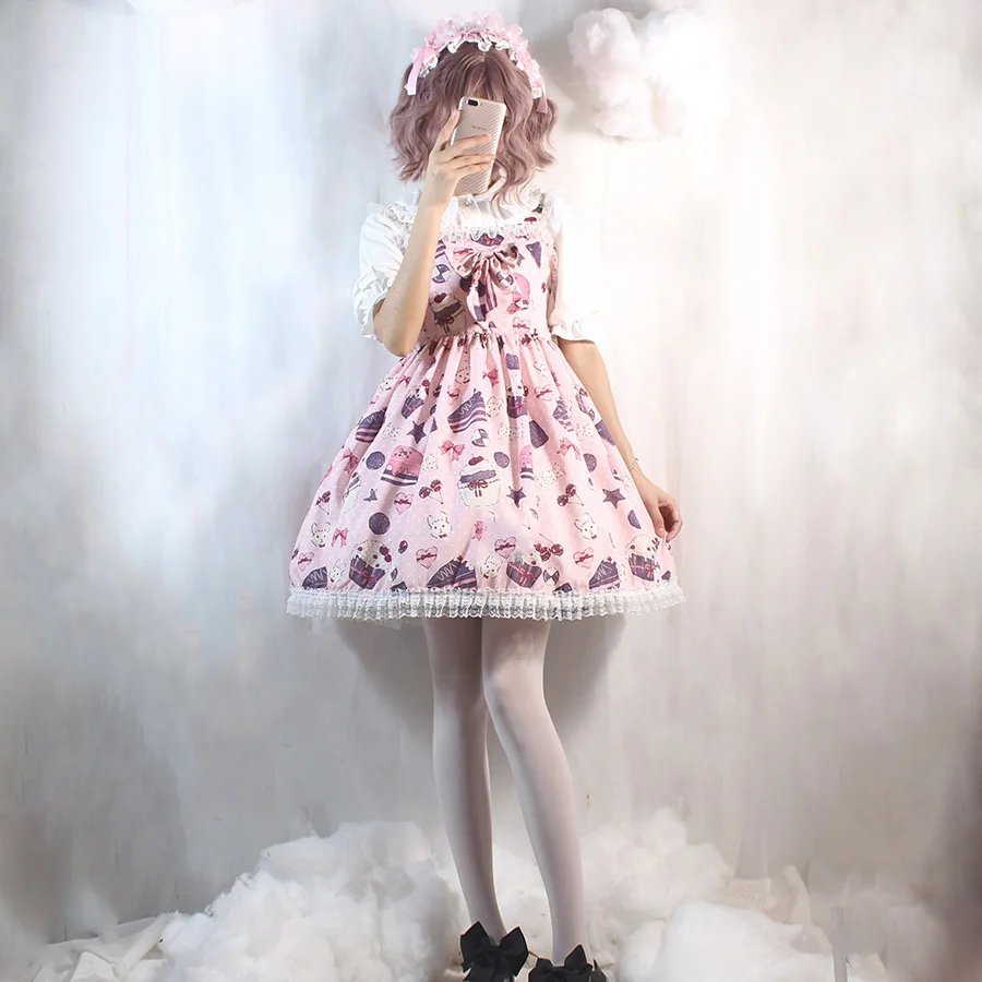 Платье в японском стиле Лолита для девочек-подростков; Kawaii; женские милые платья-пачки принцессы с милым рисунком мороженого и кролика; розовые кружевные бандажные платья-пачки с бантом