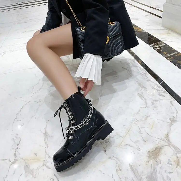 

Motorcycle Boots Women Black Patent Leather Botas Mujer Round Toe Chunky Heels Womens Shoes Chic Chain Cross Tied Lace Up Shoes