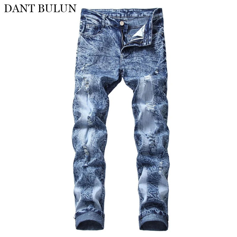

Jeans For Men Stretchy Pleated Skinny Fit Ripped Jeans Homme Destroyed Snow Washed Denim Pants Hombre Casual Male Trousers
