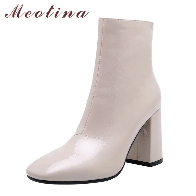 

Meotina Women Ankle Boots Shoes Square Toe Chunky Heels Lady Short Boots Zip Extreme High Heel Boots Female Autumn Beige Size 45