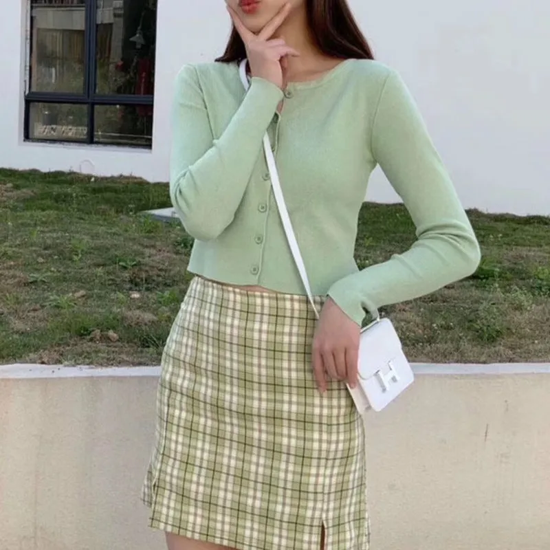 

Женский Укороченный трикотажный кардиган, однотонный короткий свитер с длинным рукавом, модный винтажный свитер в Корейском стиле на осень...