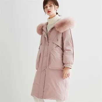

Down Jacket Women Medium Long Fox Fur Collar Hooded Overcoat 2019 New White Duck Down Thick Warm High Quality Female Coat XIN129