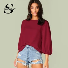 Sheinside Casual Burgundy Lantern Sleeve Blouse Women Autumn 3/4 Sleeve Blouses Ladies Solid Minimalist Raglan Sleeve Top