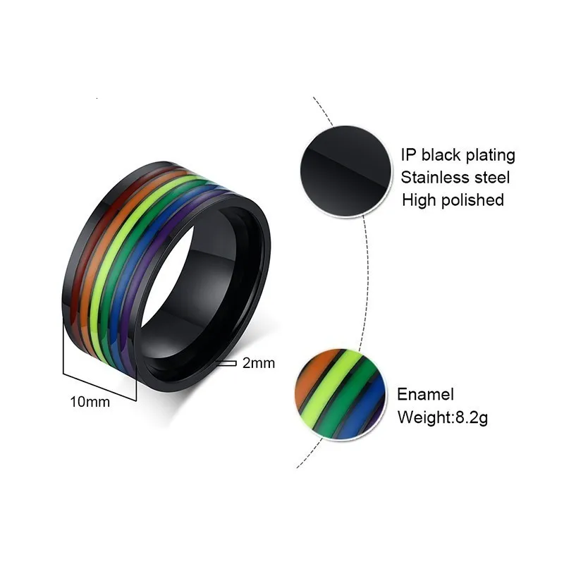 Нержавеющая сталь Эмаль с изображением ЛГБТ-радуги кольцо гордости для Лесбиянок Гей обручальные кольца 10 мм мужчины подарки