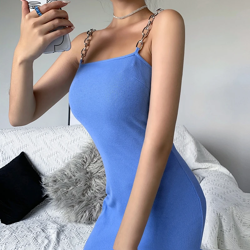 Blue Skinny Mini Dress Chain Straps OC0173