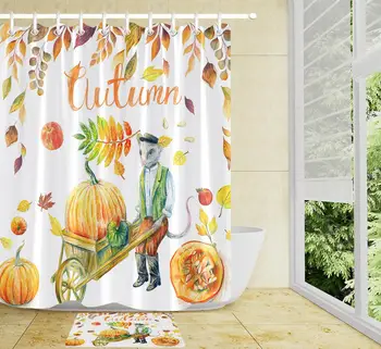 

Autumn Thanksgiving Themed Waterproof Polyester Shower Curtain Mouse Pumpkin Wheelbarrow Leaves Bathroom Accessories Curtain