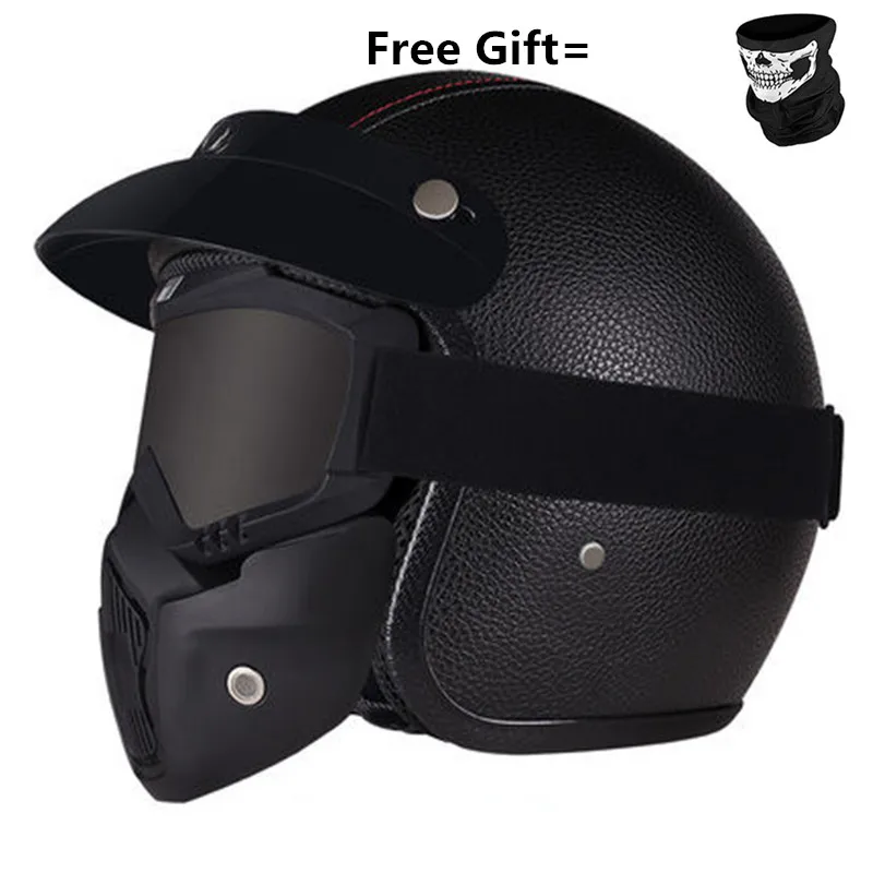 Шлемы мотоциклетный открытый шлем PU черная кожа DOT Approved M L XL - Цвет: 515-Black mask