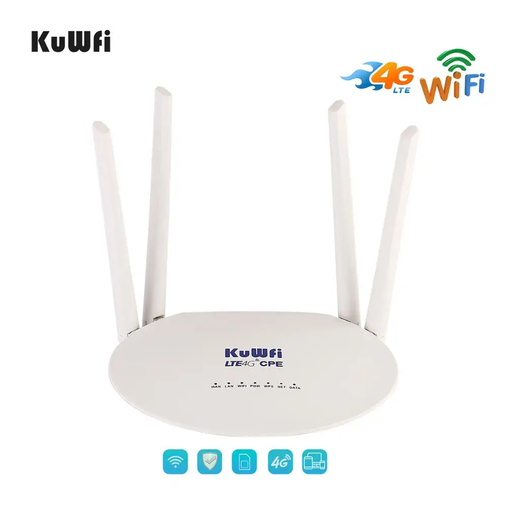 KuWFi 4G LTE Wifi Router 300 Мбит / с 3G / 4G Беспроводной CPE-маршрутизатор с поддержкой слотов для SIM-карт 4G в LAN с 4шт антеннами до 32 пользователей