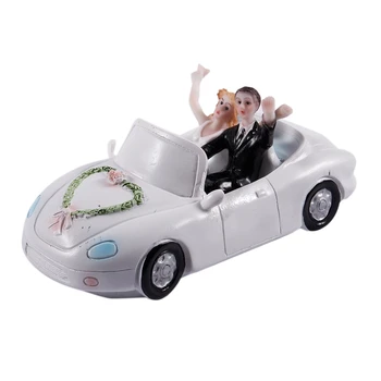 

ELEG-1 white + black resin bride and groom open sports car, wedding car cake decoration ornaments groom bride doll decoration si