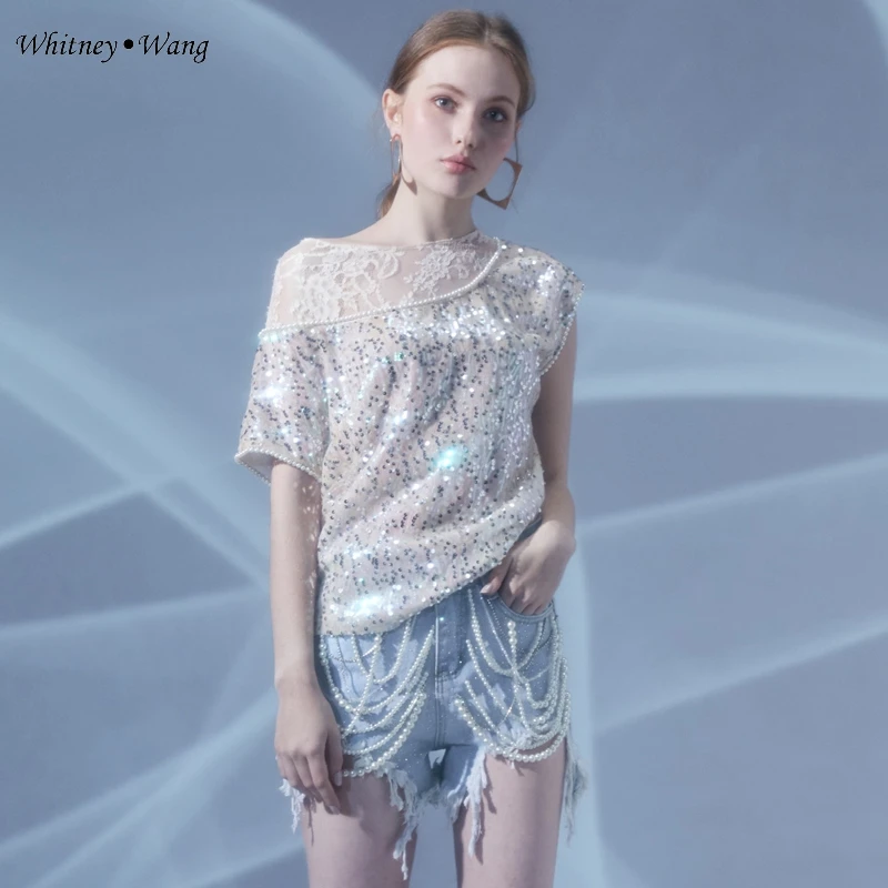 WHITNEY WANG шорты Летняя мода уличная одежда ручной работы с жемчугом и цепочками джинсовые шорты женские джинсы размера плюс 5XL