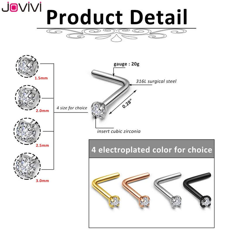 JOVIVI 4 шт. 316L нержавеющая сталь 1,5-3 мм циркониевое кольцо для носа 20 г кольцо для носа шпильки кость ноздри булавка L форма Бар пирсинг носа ювелирные изделия