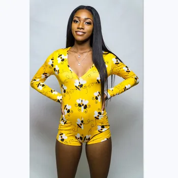 

Sexy Bodysuit Womens Long Sleeve V-Neck Heart Print Bodycon Sleepwear Jumpsuit Button Shorts Romper Leotard Tops Bodysuit Lot