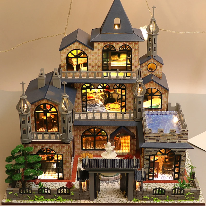 de de muñecas de madera para Casa muñecas en miniatura con muebles, luz, Villa europea, juguetes, Roombox, regalos de navidad|Casas de muñecas| - AliExpress