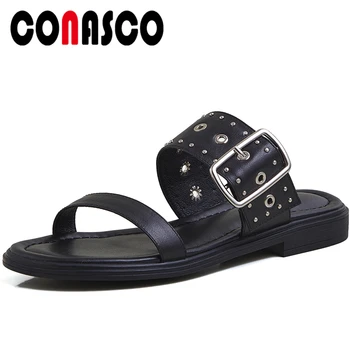 

CONASCO Summer New 2020 Women Sandals Fashion Rivets Buckle Genuine Leather Low Heels Slippers Casual Flat With Shoes Woman