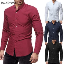 Брендовые повседневные рубашки для мужчин мода воротник стойка сплошной цвет длинный рукав платье рубашка зауженные официальные бизнес Camisa Masculina