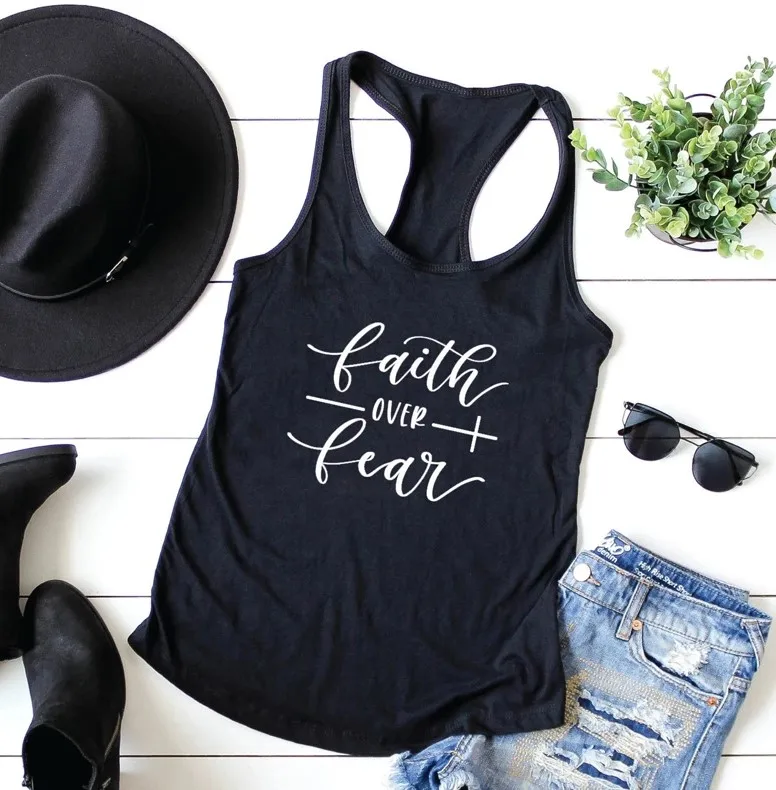 Faith Over Fear women vest fashion sexy tees summer style outfits casual tops beach party tank top drop shipping - Цвет: black -white text