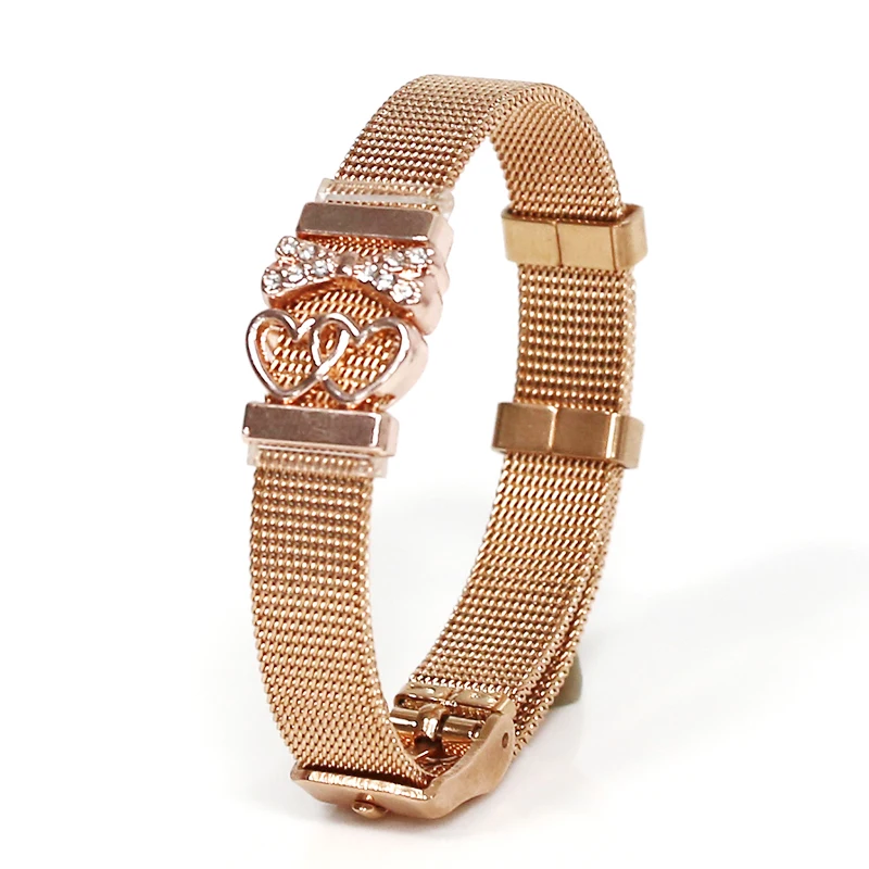 JD011-Rose-Gold Простой сетчатый Браслет из нержавеющей стали для влюбленных пар, для женщин и мужчин, браслет с двойным сердечком и бантом, браслет, подарок - Окраска металла: JD011-Rose-Gold