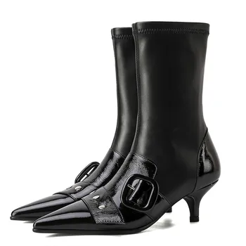 

Mobetty Sexy Stretch Short Boots Belt Buckle Zip Women Ankle Boots Stiletto Heel Pointed Toe Soft Booties Feminina Botines Mujer