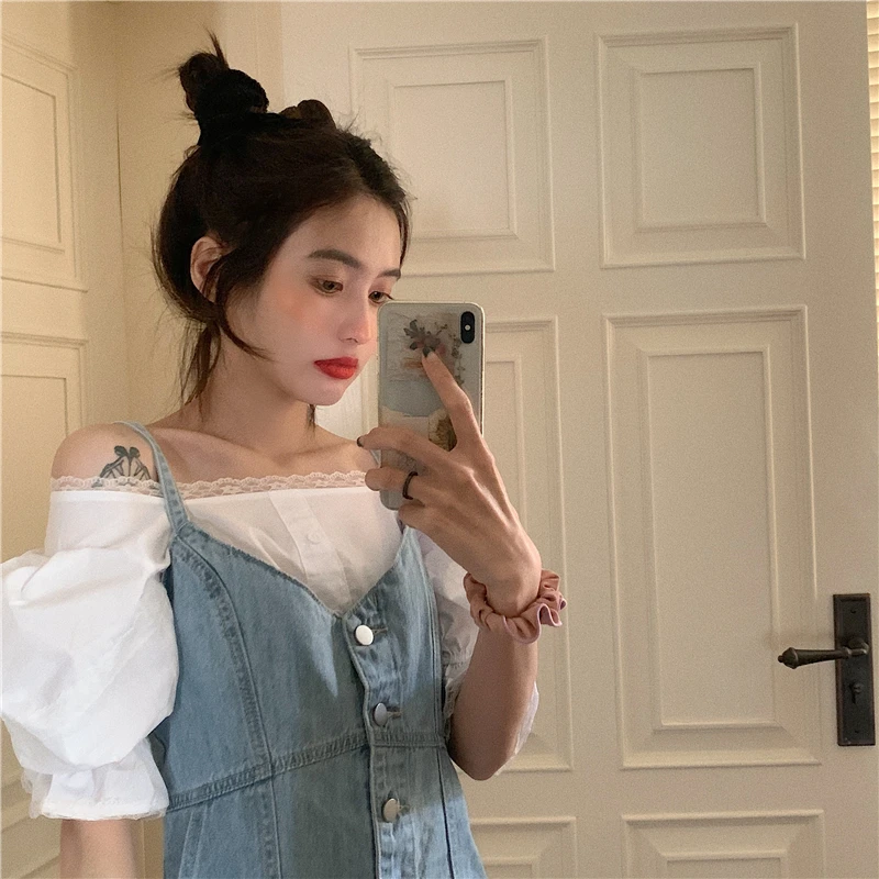 Summer Korean Sweety Girly Fashion Two Piece Set Cute Lace Puff Sleeve White Shirt Loose Denim Suspenders Dresses Casual Suit