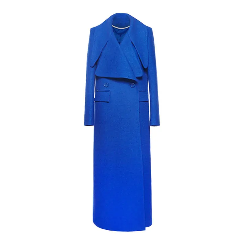 

2019 Winter Coat Women Suit Collar double-breasted Pocket Wool Blend Coat Oversize Long Blue Trench Coat Outwear Wool Coat Women
