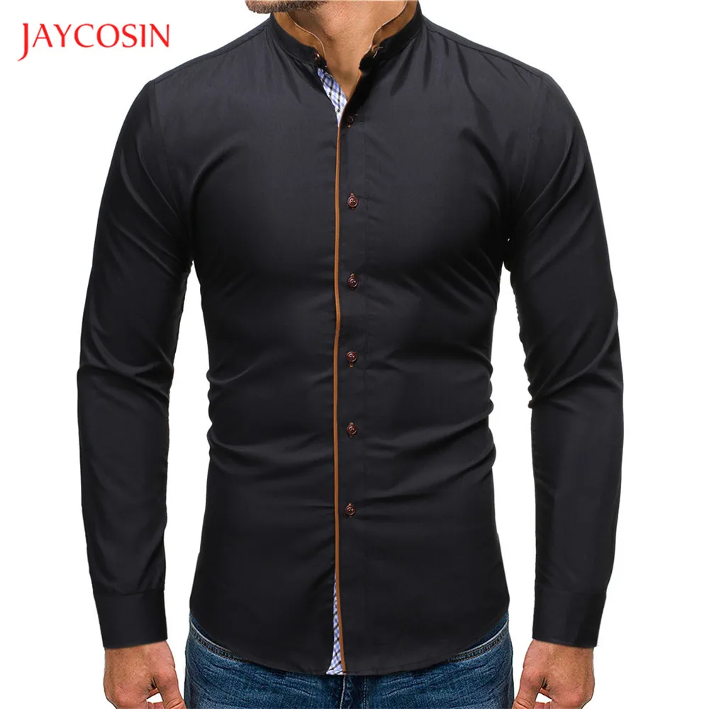 Joycosin, Осень-зима, мужская рубашка, повседневная, модная, Мужская одежда, деловая, официальная, стоячий воротник, одноцветная, с длинным рукавом, на пуговицах, мужская рубашка