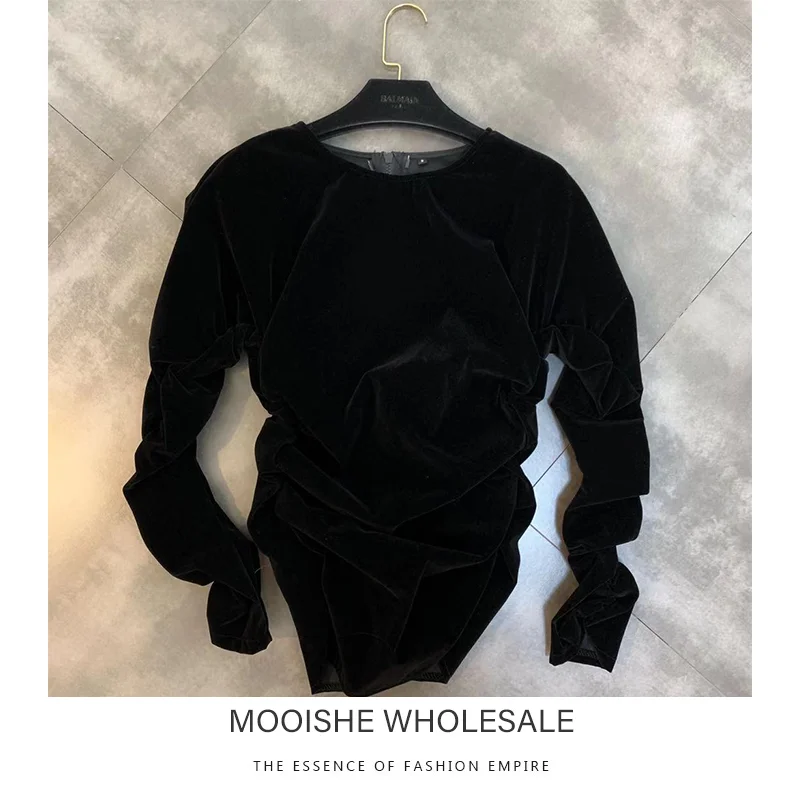 

2019 Autumn New Round Neck Long-sleeved Waist Elastic Small Woman Velvet Shirt