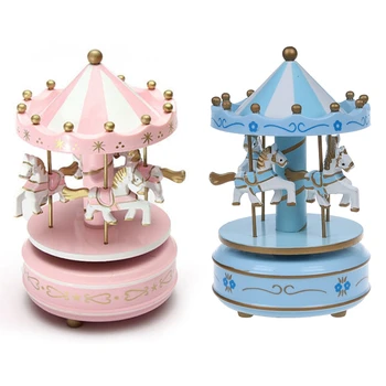 

2x Musical Carousel Horse Wooden Carousel Music Box Toy Child Baby Pink Game & Light Blue Game