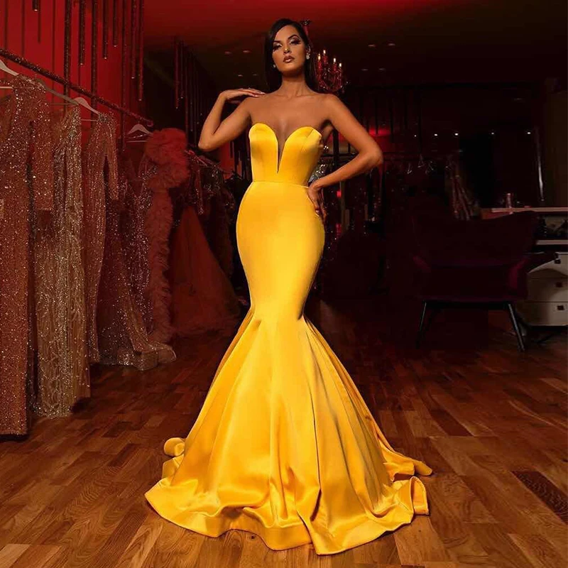 

2020 Modern Deep Sweetheart Yellow Mermaid Prom Dress Party Wear Gown Long