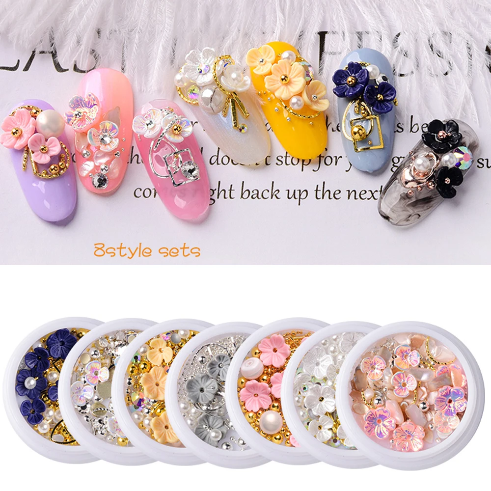 

1 Box Colorful 3D Mixed Metal Shell Crystal Glitters Flowers Rhinestones Beads Tips Multi-Sizes Slice Nail Art Decorations